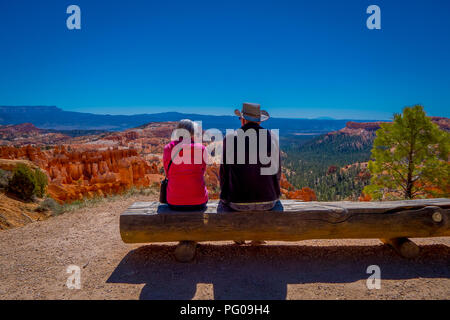 BRYCE CANYON, Utah, juin, 07, 2018 : des personnes non identifiées, assis sur un journal, et bénéficier de tous les spires par l'érosion dans le Parc National de Bryce Canyon, Utah Banque D'Images