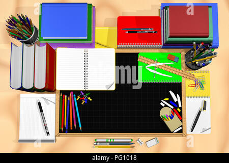 3D illustration. Tableau central pour saisir du texte avec l'écriture des matériaux utilisés dans les écoles, les universités, les bureau. Banque D'Images