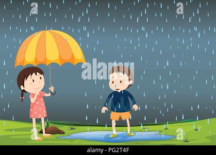 Deux enfants dans la pluie illustration Illustration de Vecteur