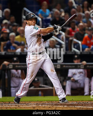 22 août 2018 : le voltigeur des Marlins de Miami Austin Dean (44) pivote à la balle dans la partie inférieure de sixième manche lors d'un match entre la MLB New York Yankees et les Marlins de Miami Marlins au Park à Miami, en Floride. Les marlins a gagné 9-3. Mario Houben/CSM Banque D'Images