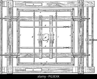 . Le livre du jardin. Le jardinage. 384. ajeross HAEDY jardin fruits l'armature, sur wbicli sont fixées deux contre- poutres. Un fermoir ou col/ couché dur sur ces deux faisceaux est ainsi mis autour du tronc de l'arbre, qui est faite par des vis serrées, comme illustré dans la figure, sert à stabiliser l'arbre et supporter une partie du poids lorsque l'ascenseur est .prises. Le moyen d'élever la masse sont une voiture- ries, qui sert également le but de la greffe- ation. Il se compose de deux longues poutres g, qui ont un espace ouvert pour les roues de fonctionner, comme indiqué à la figure ; la longueur de l'axe est le même que l'épaisseur Banque D'Images