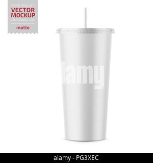 Coupe papier jetable blanc avec couvercle et paille. Illustration de Vecteur