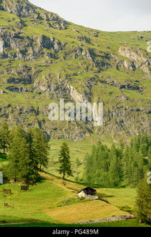 Paysage de montagne traditionnel avec maison Walser sur pente de montagne verte, tourné par un beau jour ensoleillé d'été près de Staffal, vallée du Lys, Aoste, Italie Banque D'Images