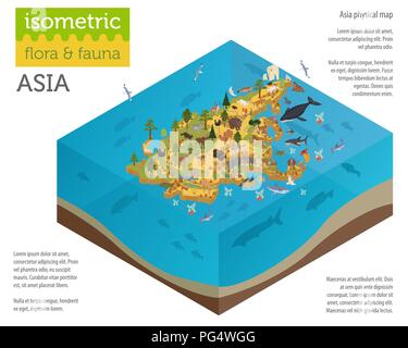 3D isométrique de la flore et de la faune asiatique constructeur carte éléments. Les animaux, les oiseaux et la vie marine isolated on white big set. Construire votre propre géographie infograph Illustration de Vecteur