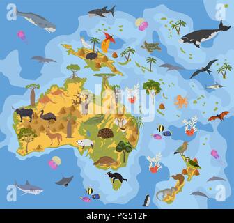 L'Australie et Océanie carte de la flore et de la faune, les éléments à plat. Les animaux, les oiseaux et la vie marine big set. Construire votre géographie des infographies collection. Il vecteur Illustration de Vecteur