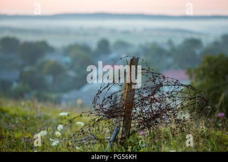 Ancien Grand barbelé enroulé sur pôle rouillée, cassée jardin clôture on grassy hill en fleurs sur ciel brumeux à l'aube ou le soir et brouillard bleu hou floue Banque D'Images