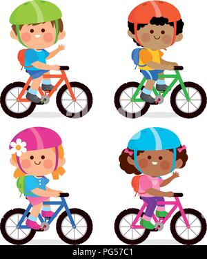 Divers groupes de garçons et de filles circonscription leurs bicyclettes et de porter leurs casques et sacs à dos. Vector illustration Illustration de Vecteur