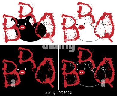Silhouette d'un porc barbecue avec des lettres de sang de pulvérisation et le minimalisme logo créative Illustration de Vecteur