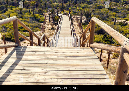 Escalier en bois vers le bas pour le parc à travers les dunes à Guardamar del Segura, Alicante. Espagne Banque D'Images