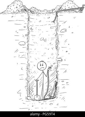 Caricature de l'homme coincé dans un trou profond ou de l'eau bien qu'il creuse dans le sol Illustration de Vecteur