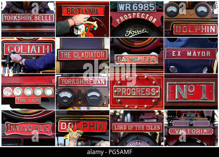 Une image composite de plaques de différents moteurs à vapeur au Great Dorset Steam Fair, à Tarrant Hinton, près de Blandford Forum, où des centaines de moteurs de traction à vapeur et des équipements mécaniques de toutes les époques, se rassemblent à la foire annuelle qui se déroule jusqu'au lundi férié et fête cette année son 50e anniversaire. Banque D'Images