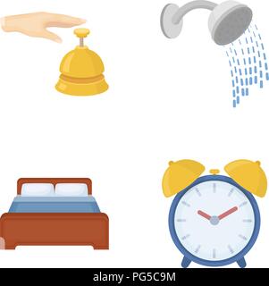 À la réception d'appels, réveil, lit, douche.Hotel set icônes de la collection cartoon style symbole vecteur illustration stock web. Illustration de Vecteur