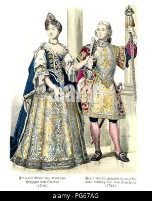 La mode du 18ème siècle France, Françoise Marie de Bourbon, duchesse d'Orléans, 1702 et Palace guards sous Louis XV, 1724 Banque D'Images