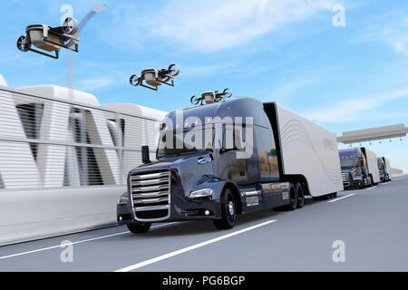 Flotte de camions américains, les drones sur l'autoroute. Concept de logistique et de transport. Le rendu 3D image. Banque D'Images