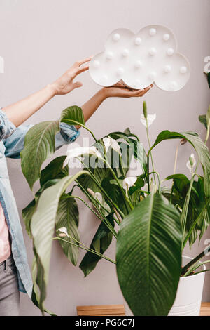 Main de femme tenant nuage au-dessus de plante Banque D'Images