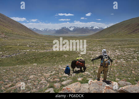 À la recherche dans le grand éventail de Pamir Afghanistan alors que la randonnée près du lac Zorkul, Tadjikistan Banque D'Images