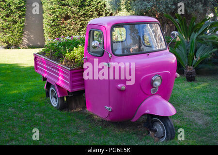 Véhicule à trois roues rose vintage dans jardin Banque D'Images