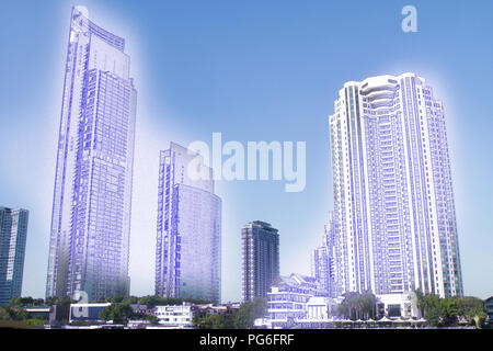 Double exposition photo entre l'effet d'impression bleue sur fond de l'édifice réel in art Banque D'Images