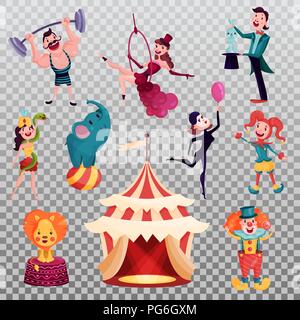Tente de cirque isolé, camp ou de divertissement arena. Lion et l'éléphant sur ball, homme fort de sur la tige, magicien ou illusionniste, illusionniste et prestidigitator, femme en anneau ou avec snake, clown Illustration de Vecteur