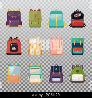 Ensemble de sac à dos pour enfants ou d'enfants, les gens de sac sac à main ou sac à dos fille, boysatchel ou voyage sac à dos pour l'expédition. Les bagages ou une assurance pour l'école ou au collège. Thème de l'éducation ou de voyage Illustration de Vecteur