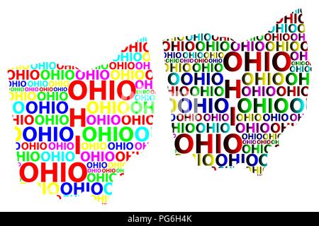 Croquis de l'Ohio (États-Unis d'Amérique) texte de la lettre, la carte carte de l'Ohio - sous la forme du continent, la carte Ohio - vector illustration couleur Illustration de Vecteur