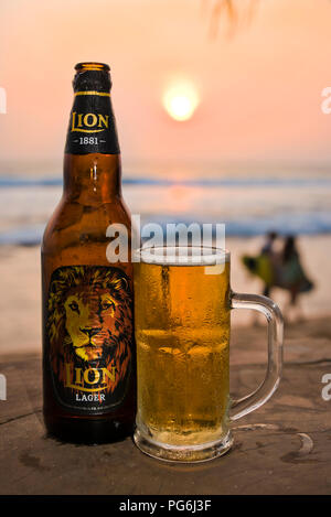 Close up vertical d'une bouteille de bière Lion au Sri Lanka. Banque D'Images