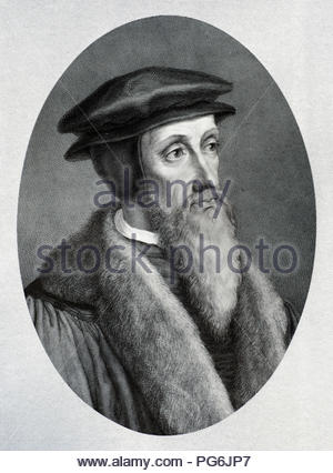 John Calvin portrait, 1509 – 1564 était un théologien français, pasteur et réformateur à Genève pendant la réforme protestante, illustration ancienne de 1880 Banque D'Images