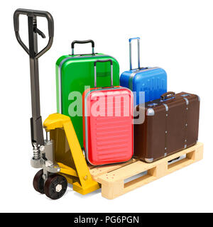 Transpalette avec bagages. Service de livraison des bagages concept. Le rendu 3D isolé sur fond blanc Banque D'Images