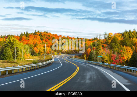 Le Canada, l'Ontario, route principale à travers les arbres colorés dans la région du parc Algonquin Banque D'Images