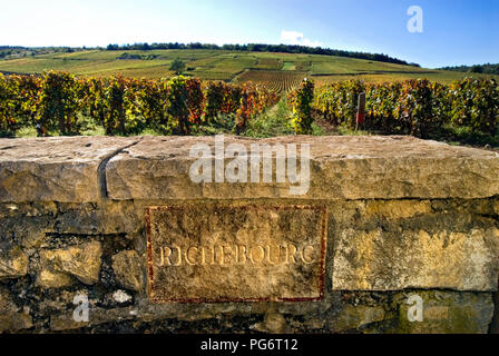 RICHEBOURG RDC pierre gravée plaque dans mur de Grand Cru Richebourg vignoble de domaine de la Romanée-conti, Richebourg, Cote d'or, Banque D'Images