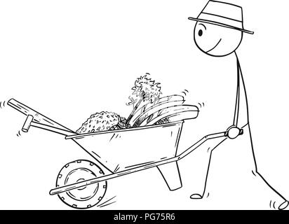 Caricature d'Jardinier Plante un arbre et Pushing Wheelbarrow avec de l'équipement Illustration de Vecteur