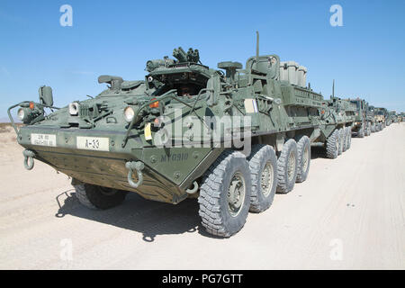 La 56e Stryker Brigade Combat Team, 28e Division d'infanterie, Texas Army National Guard de convois au Centre National de Formation, Fort Irwin, en Californie, pour la tête de ligne à Yermo, Californie, le 20 août, où les soldats les véhicules prêts à être chargés sur le rail pour le transport de retour à New York. (U.S. La Garde nationale de l'Armée Photo par le Cpl. Hannah Baker/libérés) Banque D'Images