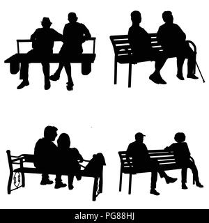 Silhouette d'un vecteur des gens assis sur un banc de parc sur fond blanc Illustration de Vecteur