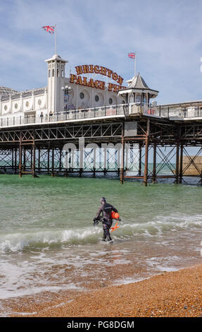 Brighton, UK. Août 24, 2018. Un plongeur se prépare à aller par la pêche au harpon Palace Pier de Brighton sur un brillant mais que le temps le matin, le vent devrait être plus frais et plus humide au cours des prochains week-end férié Crédit : Simon Dack/Alamy Live News Banque D'Images