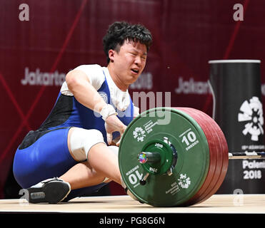 Jakarta, Indonésie. Août 24, 2018. Jang Yeonhak de Corée du Sud tombe lors de l'haltérophilie Hommes 85kg lors de la 18e Jeux asiatiques à Jakarta, Indonésie, le 24 août, 2018. Crédit : Li il/Xinhua/Alamy Live News Banque D'Images