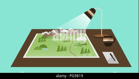 Vector Illustration. Le bureau avec une carte en 3D, Lampe, tasse à café et de Notes. Illustration de Vecteur