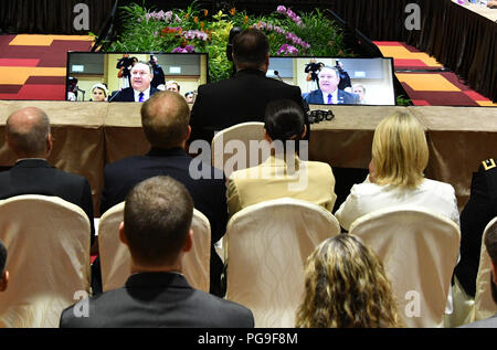 Le secrétaire d'Etat américain, Michael R. Pompeo parle lors de la réunion ministérielle de l'ASEAN et les États-Unis, le 3 août 2018, à Singapour. Banque D'Images