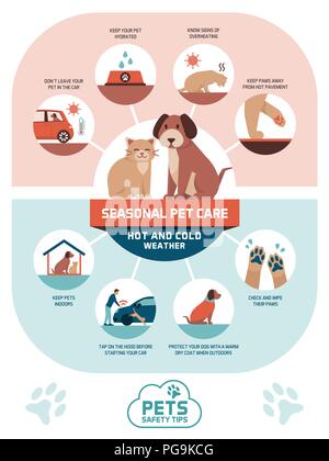 Conseils de sécurité pet saisonniers infographie avec des icônes : comment protéger votre animal contre la chaleur et le froid en été et d'hiver Illustration de Vecteur