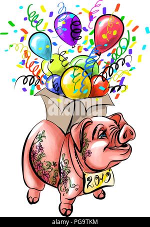 Signe du Zodiaque chinois de l'année Cochon, heureux nouvel an chinois 2019 année du cochon Illustration de Vecteur