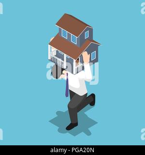 Télévision 3D isométrique businessman carrying une maison sur son dos. Concept de la dette et de prêts hypothécaires. Illustration de Vecteur
