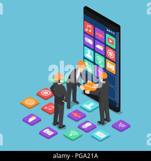 Télévision 3D isométrique businessman aider les uns les autres pour construire l'application mobile. Développeur application Mobile concept. Illustration de Vecteur