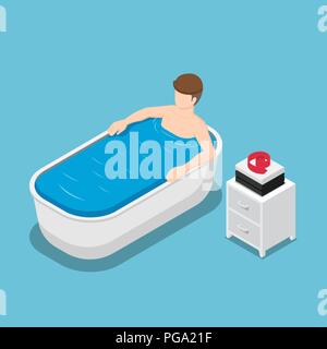 Télévision 3D isométrique businessman et prendre un bain relaxant dans la baignoire. Relax concept. Illustration de Vecteur