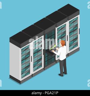 Télévision 3D isométrique businessman working on laptop in centre de base de données ou la salle des serveurs. Concept de gestion du serveur de base de données. Illustration de Vecteur