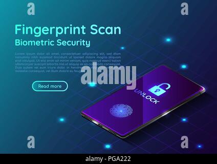 3D isométrique bannière web smartphone avec système dans la empreintes digitales. Les méthodes d'authentification biométrique et d'un système de sécurité sur l'appareil mobile landing page Illustration de Vecteur