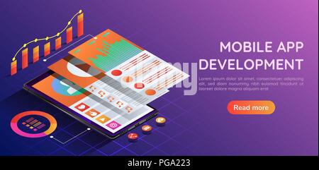 3D isométrique bannière web smartphone avec l'application mobile et de navigation de l'interface utilisateur l'écran de la couche. Le développement d'applications mobiles landing page con Illustration de Vecteur