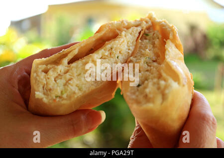 La viande de crabe rempli des empanadas ou des empanadas de Jaiba réduit de moitié en mains, de délicieux feuilletés chilien Banque D'Images