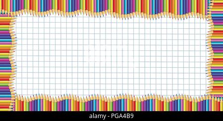 Rectangle vecteur frontière ondulée de crayons en bois multicolores fond papier millimétré. Retour à l'école modèle de cadre en bordure concept ou pho Illustration de Vecteur