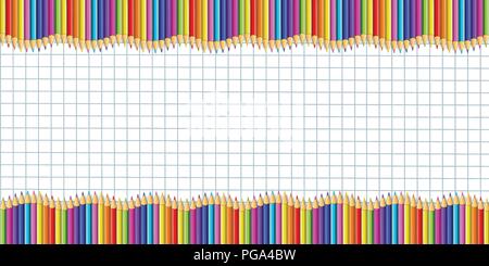 Rectangle vecteur double bordure faite de crayons en bois coloré sur fond de papier graphique. Retour à l'école modèle de cadre en bordure concept, bann Illustration de Vecteur