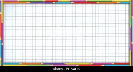 Rectangle vecteur border frame faite de crayons en bois multicolore à carreaux blancs sur fond d'ordinateur portable. Retour à l'école en bordure de cadre modèle caractéristique Illustration de Vecteur