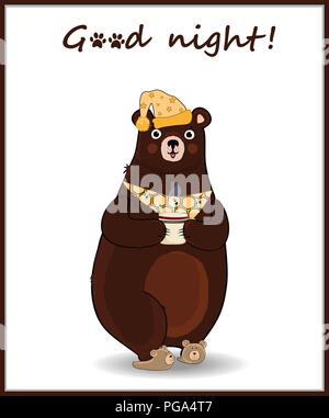 Vector illustration de kawaii cartoon caractère de l'ours dans le coin couchage hat et chaussons, holding cup avec boisson chaude sur fond blanc avec hand drawn insc Illustration de Vecteur